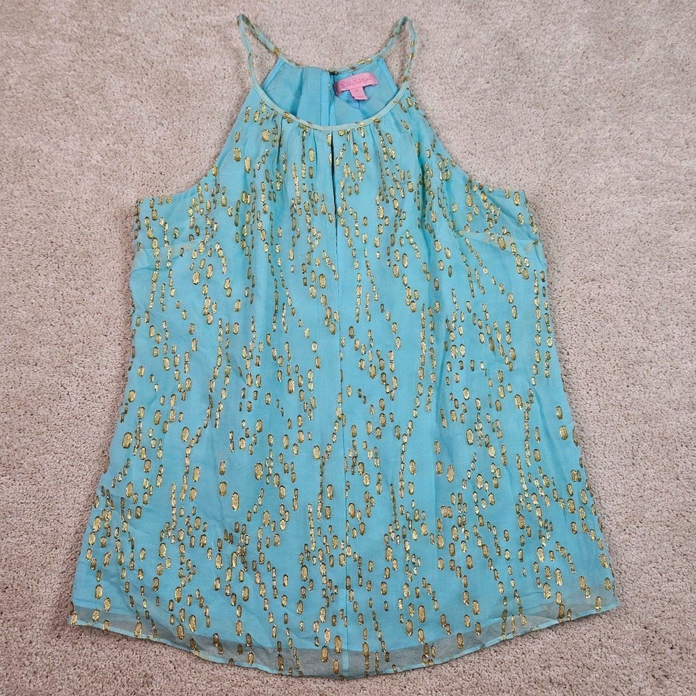 Lilly Pulitzer M Silk Gold Halter Top Resortcore Palm Beach Coastal Glam Preppy